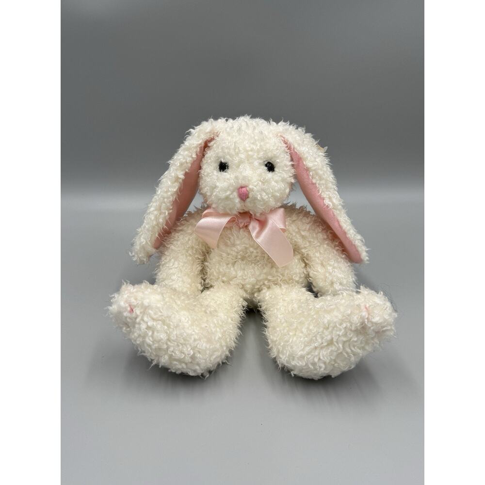 Russ Wabbit Bunny Rabbit Plush White Curly Fur Pink Satin Bow 11” Stuffed Animal